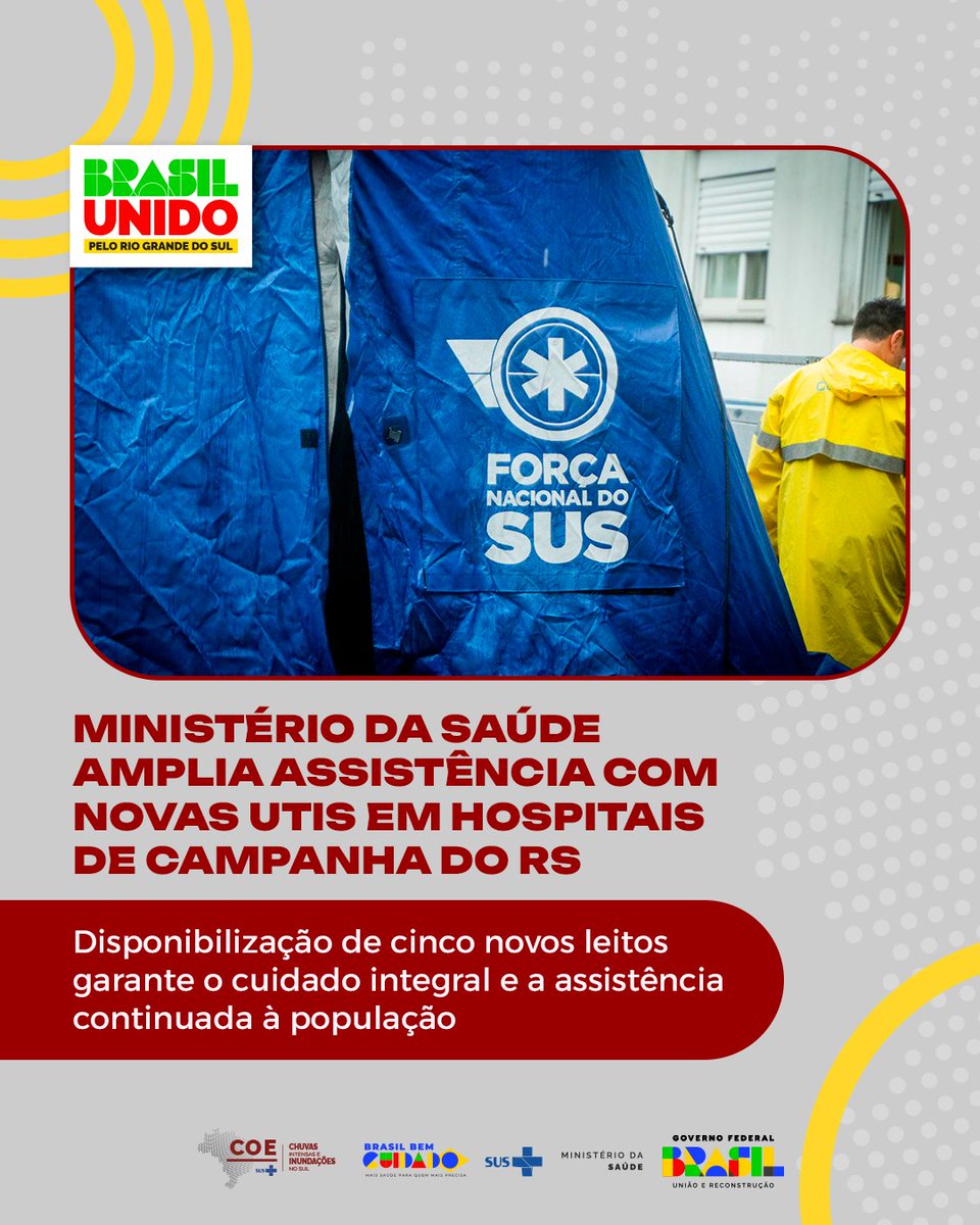 🏥 O cuidado integral e a assistência continuada são essenciais para o atendimento às vítimas das enchentes no Rio Grande do Sul. Uma das medidas para garantir essa missão foi a destinação de mais cinco leitos de Unidades de Terapia Intensiva (UTIs) aos Hospitais de Campanha