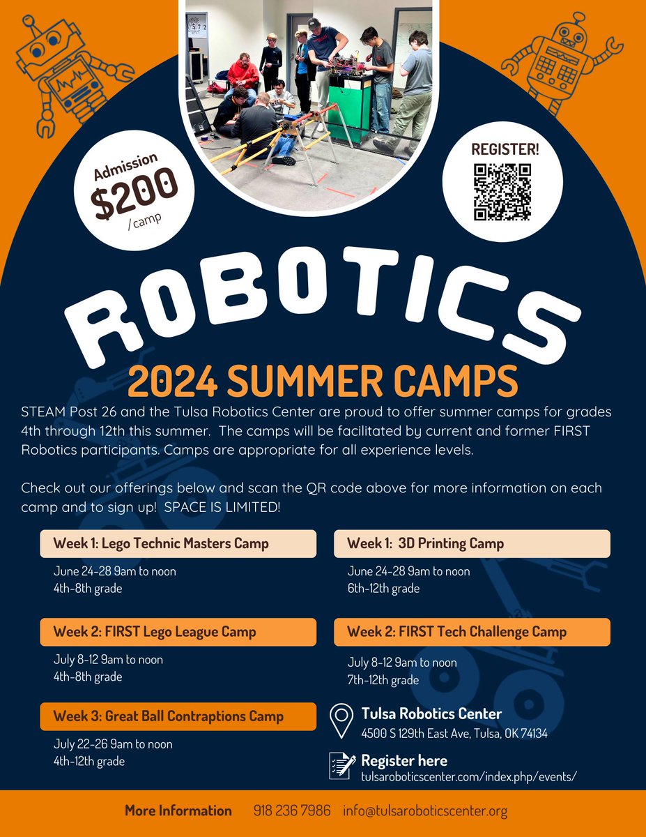 Tulsa Robotics Center is offering Robotics Summer Camps for grades 4th through 12th! Check out our offerings below and go to tulsaroboticscenter.com/index.php/even… for more information and to register. Space is limited, register today!