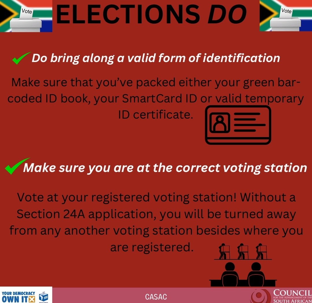 CASACZA's tweet photo. ❎DON'T FORGET: Before you go vote remember your SA ID, and vote at your registered station.
One ballot, one mark. #YourVoteYourVoice #Elections2024 #EqualParticipation https://t.co/mnntUnbKIu