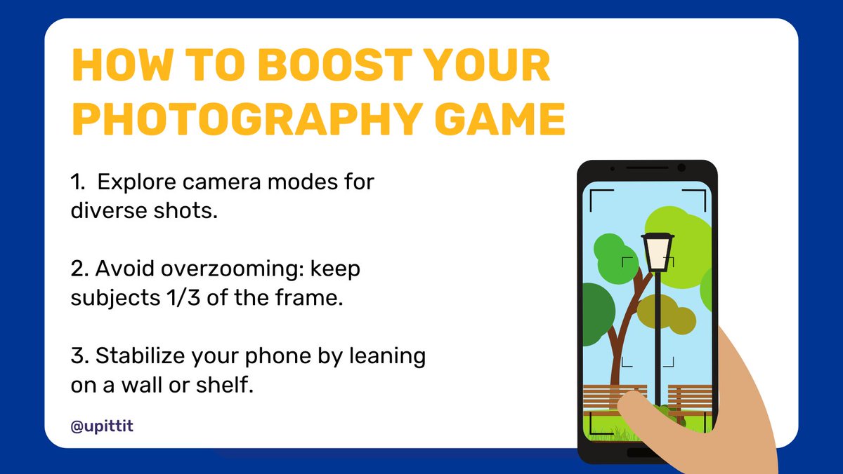 📸 May is #NationalPhotographyMonth! 🌟 Boost your camera phone game:
1️⃣ Explore camera modes for diverse shots
2️⃣ Avoid over-zooming: keep subjects 1/3 of the frame
3️⃣ Stabilize your phone by leaning on a wall or shelf
Capture memories like a pro! 📱🌈 #H2P #PittNow #PhotoTips