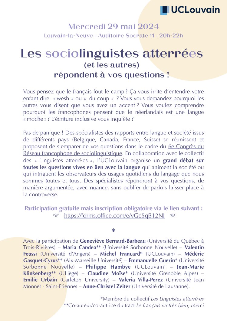 Ce mercredi de 20h à 22h "Les sociolinguistes atterré·es répondent à vos questions" lors d'une grande soirée-débat à l' @UCLouvain_be dans le cadre du 6e congrès du RFS. 

Posez vos questions maintenant sur ce formulaire !
👉🏼forms.office.com/e/vGe5qB12NJ

<a href="/TractLinguistes/">Tract Linguistes 🐘🦋</a>