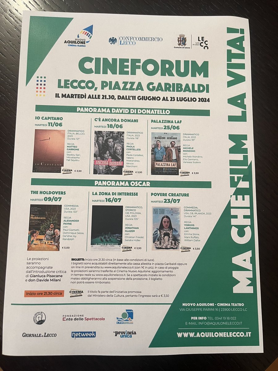 Sesta edizione del cineforum “Ma che film la vita!” organizzato in piazza Garibaldi a #Lecco <a href="/ConfcommercioLc/">Confcommercio Lecco</a> #NuovoCinemaAquilone #ComuneDiLecco