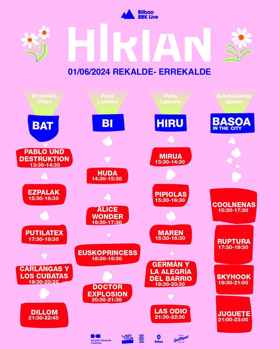 🅱️👩🏻‍🎤🎶 #Hirian ekitaldiak ordutegiak eta agertokiak aurkeztu ditu ekainaren 1ean, larunbatean, Errekaldeko ediziorako 🔗 buff.ly/3yvxSi8 ✳️ @bilbaobbklive