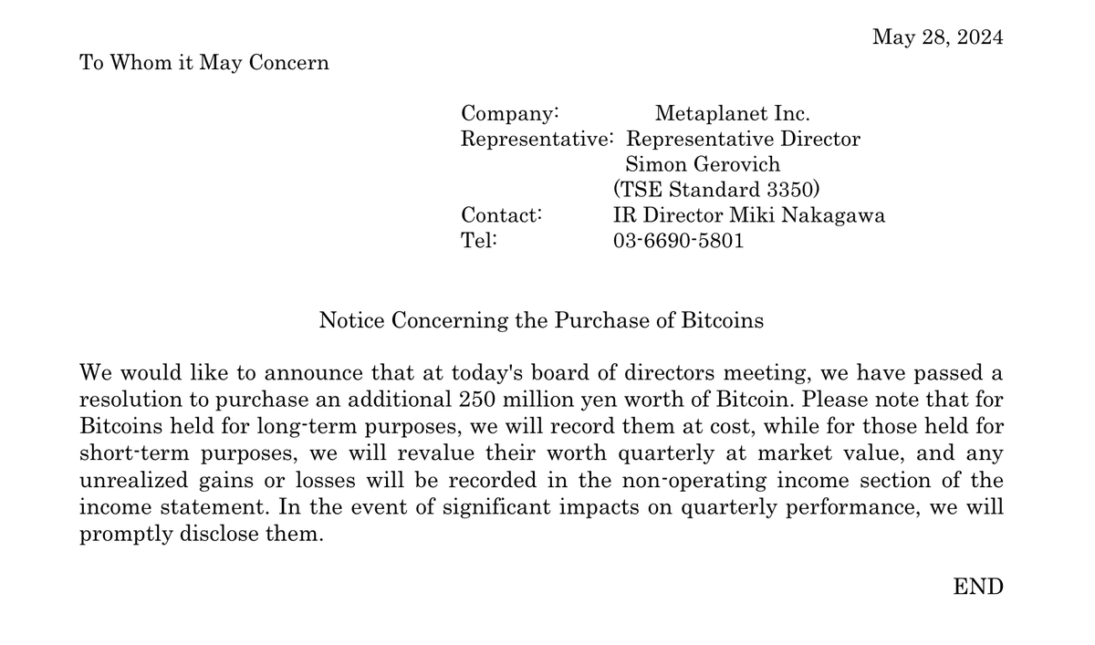 JUST IN: 🇯🇵 Japanese public company Metaplanet to buy another ¥250 million  worth of #Bitcoin