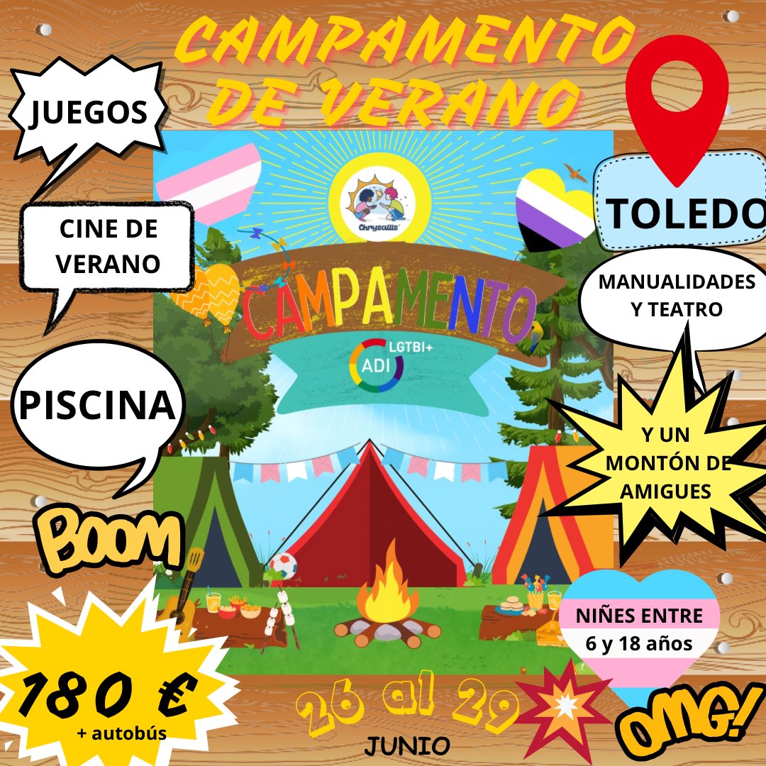 ¡¡ÚLTIMAS ENTRADAS!! 

Este verano organizamos el 
I CAMPAMENTO DE VERANO exclusivo para niñes trans y no binaries con deportes, juegos, talleres, piscina y un montón de sorpresas más. 

Un ambiente seguro donde divertirse y hacer amigues. ¡APÚNTATE!