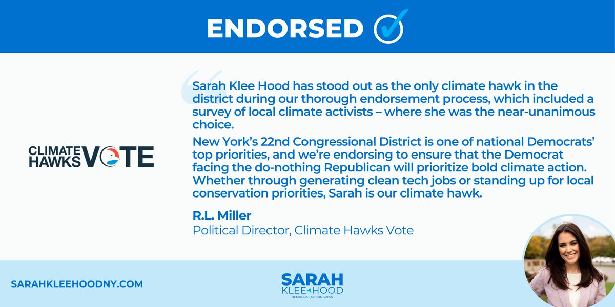 🌍 Exciting news! I’m honored to have received an endorsement from @climatehawkvote. I have spent years of my career focused on bringing clean energy jobs to CNY. This endorsement underscores our commitment to bold climate action and a sustainable future for #NY22.