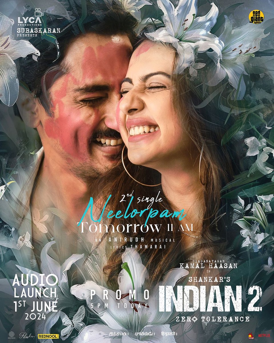 #NEELORPAM d 2nd single from #Indian2 to be out tomorrow 11 AM. Grand Audio launch to happen on 1st June.
