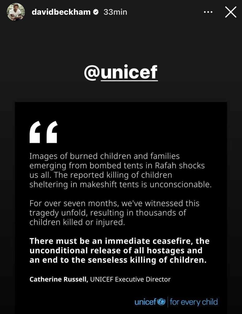 It only took UNICEF’s ambassador David Beckham 8 MONTHS to raise ‘some’ awareness about Palestine.

Let me remind you his social media was flooded 2 years ago in solidarity with Ukraine.