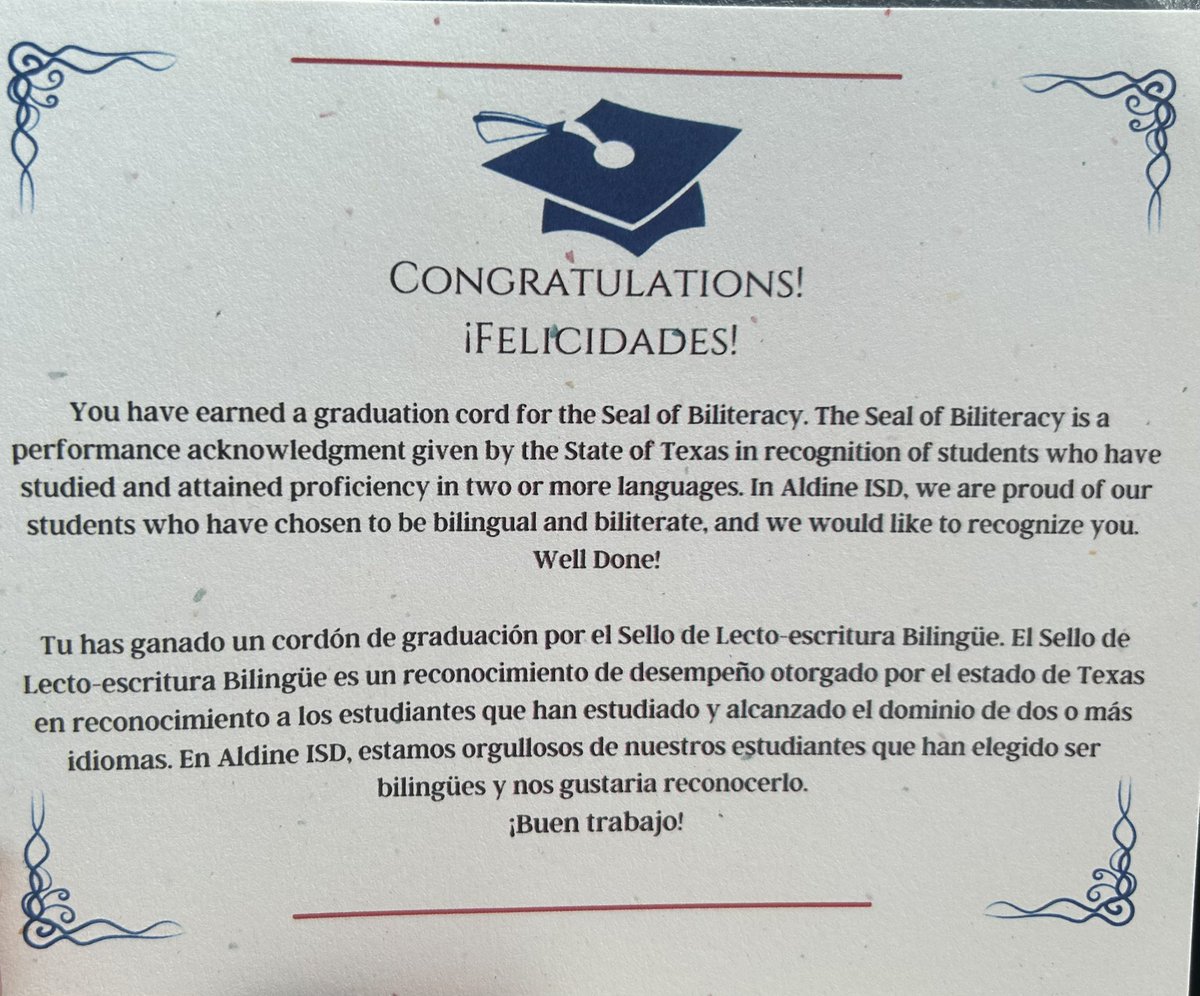 Congratulations 🎊🍾 to three more scholars at @MacArthur_AISD for earning graduation 🎓 cords for the Seal of Biliteracy. Thanks for your hard work and perseverance! ♥️💙@delgadong94 @KarenEBurdick @AldineEsl @Daviseslmatters @Aldine_Bil_ESL