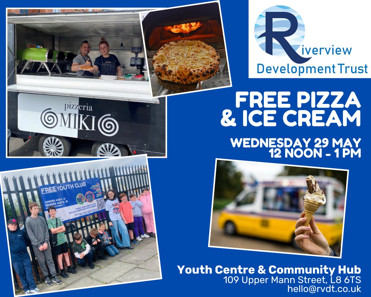Families in & around The Dingle L8 are invited to Riverview TOMORROW at 12 noon to find out about our Youth Clubs (age 8-18). We will have FREE stone-baked pizza from @nikolakrstevsk plus an ice cream van. Pls share, we want to welcome lots of young people! #thedingle #youthclub