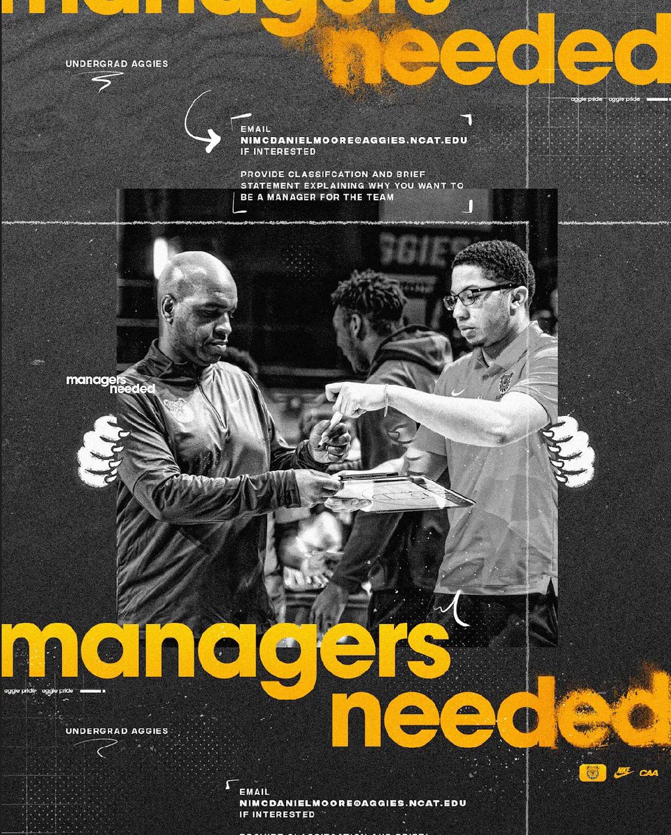 🚨CALLING ALL UNDERGRADUATE AGGIES🚨 

The men’s basketball team is searching for new enthusiastic managers for the upcoming school year! 

#AGGIEPRIDE #FAMILY