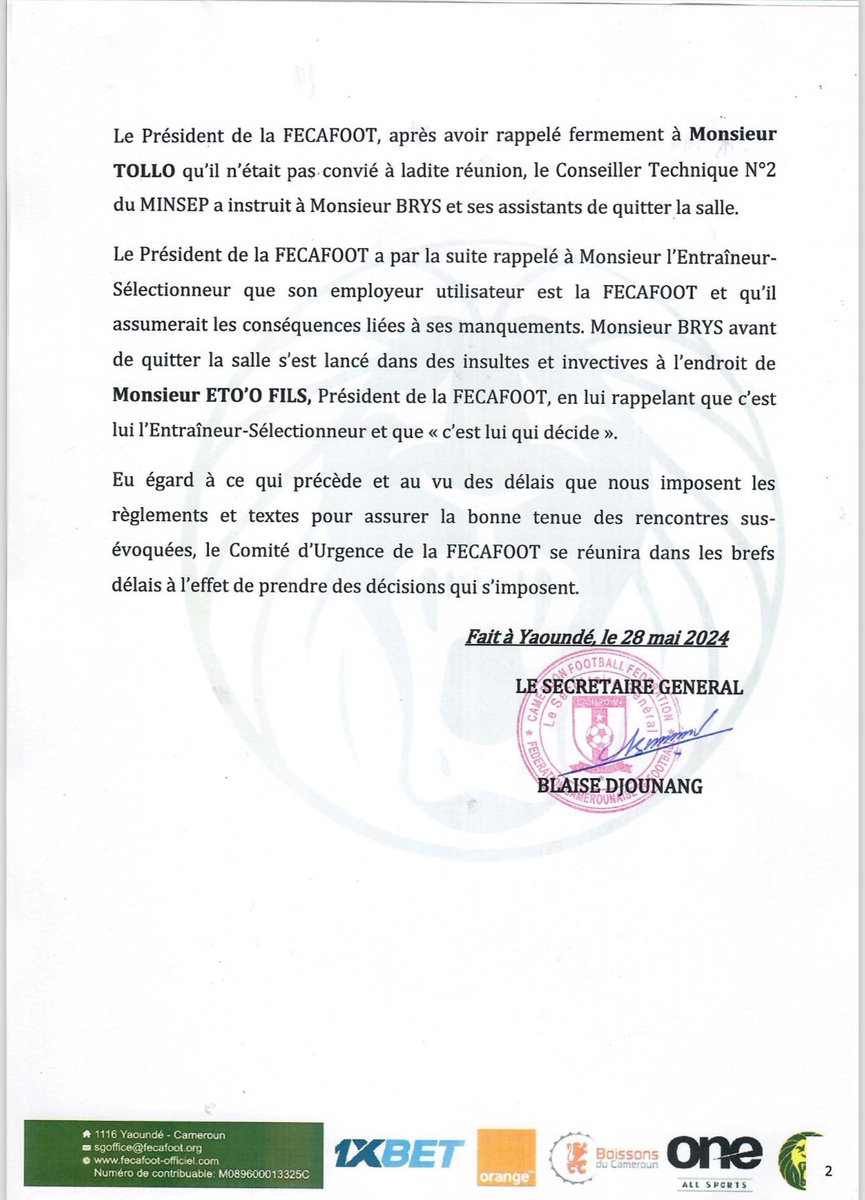 🔴 La FECAFOOT accuse Marc Brys d’avoir proféré des insultes à l’endroit de Samuel Eto’o. #CFOOT 🇨🇲