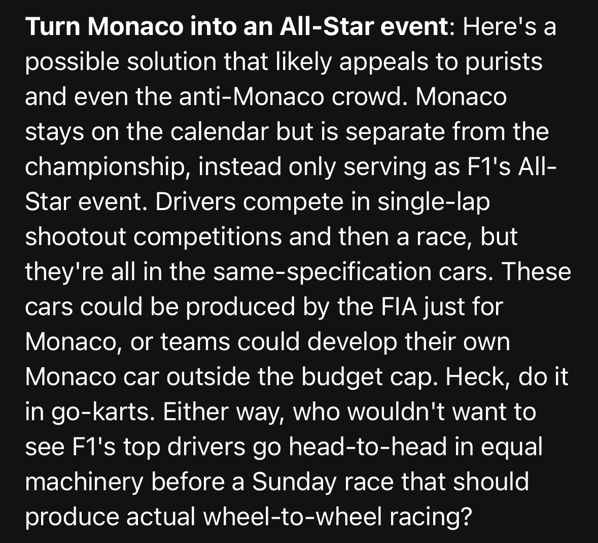 ICYMI: Pitched ideas on how to try improving the Monaco race but if nothing works, why not just turn the spectacle into F1’s All Star Game with smaller cars? It stays on the calendar & can be separate from the championship. You can boo me if you hate it. thescore.com/formula1/news/…