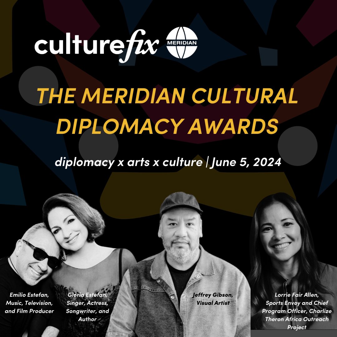 Join @MeridianIntl on June 5 to hear from the 2024 Meridian #CulturalDiplomacy Awardees:

🎤 @GloriaEstefan - Singer, Actress, Songwriter, and Author
🎵 @EmilioEstefanJr – Music, TV, & Film Producer
🎨 Jeffrey Gibson- Visual Artist and 2024 @la_biennale trailblazer  
⚽