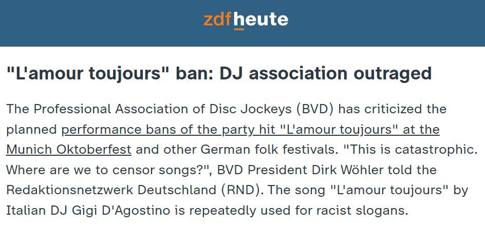 🚨 BREAKING: Professional Association of DJs SLAMS censorious ban on Gigi D'Agostino's ‘L’Amour Toujours’ at German festivals just because some people sing 'Germany for Germans, foreigners out' to it