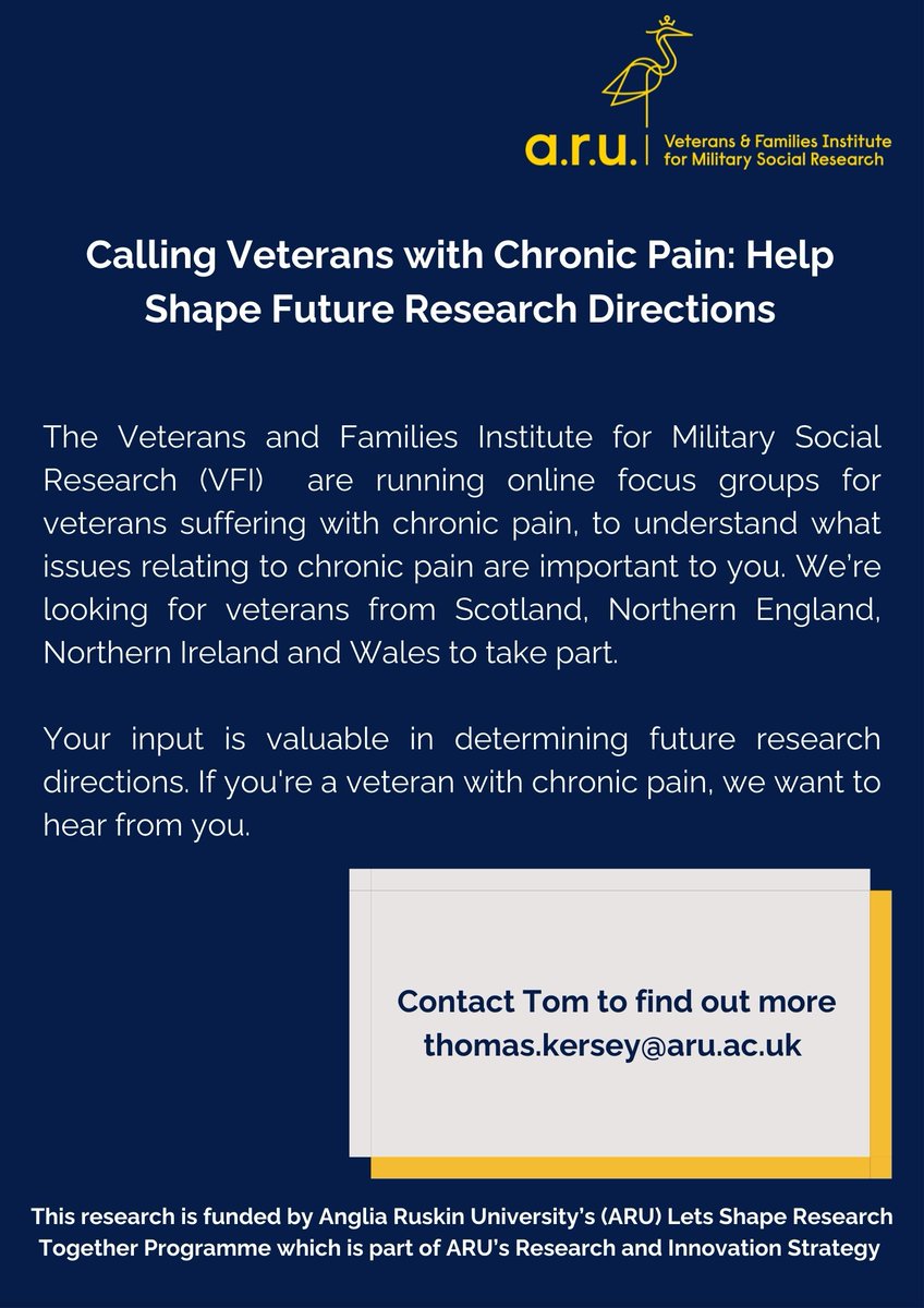 Dr Thomas Kersey (@drthomaskersey) on Twitter photo We're still looking for Scotland based veterans with chronic pain to take part in our focus group on 3rd June from 12.00-14.00. Get in touch to take part or find out more.
<a href="/VeteransScot/">Veterans Scotland</a> <a href="/LegionScotland/">Legion Scotland</a> <a href="/SightScotVets/">Sight Scotland Veterans</a> <a href="/ScotVeteranComm/">ScotsVeteransComm</a> We're still looking for Scotland based veterans with chronic pain to take part in our focus group on 3rd June from 12.00-14.00. Get in touch to take part or find out more.
<a href="/VeteransScot/">Veterans Scotland</a> <a href="/LegionScotland/">Legion Scotland</a> <a href="/SightScotVets/">Sight Scotland Veterans</a> <a href="/ScotVeteranComm/">ScotsVeteransComm</a>