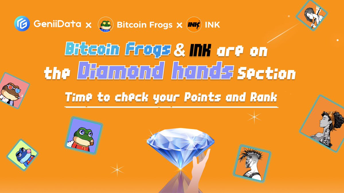 GeniiData's tweet photo. 🎉 GeniiData’s Diamond Hand points network just got larger! We're beyond excited to welcome one most iconic collections in the Ordinal space to our Diamond Hand platform: Bitcoin Frogs and Ink on Bitcoin💎🔸
Start racking up those precious Diamond Hand points for being a loyal holder.
The points you see under the Portfolio section have been accumulating since you first started holding your Bitcoin Frogs & Ink on Bitcoin.
We've retroactively added Diamond Hand points just for the amazing Bitcoin Frogs & Ink on Bitcoin community! 🌟
Drop a comment below with your Diamond Hand points ranking and see where you stand among your fellow Bitcoin Frogs and Ink on Bitcoin holders! 🚀🔥