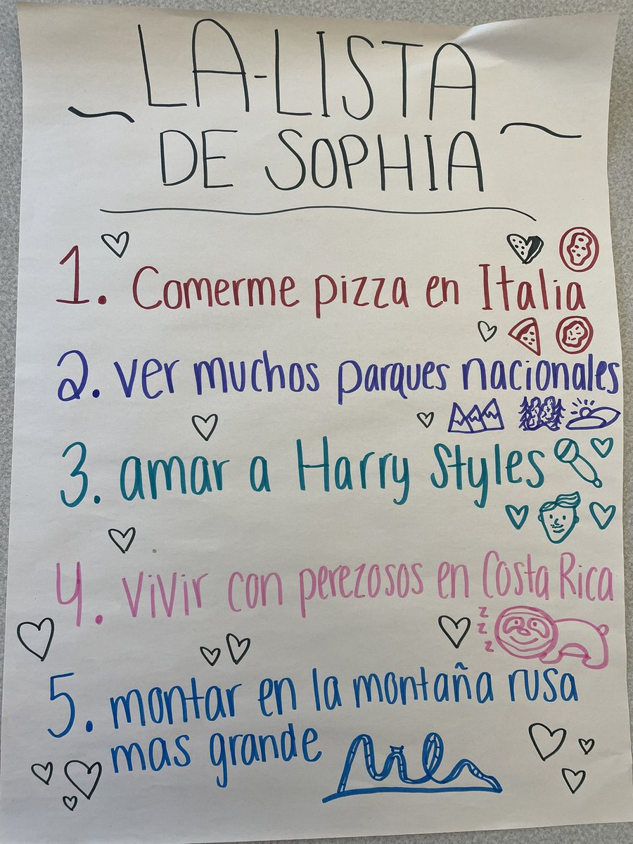 Love to see the “listas” of future plans and things that Spanish 3 students want to accomplish (a la <a href="/aldreymusica/">Aldrey</a>)! ✈️🌎🍣🇮🇹🐢🎤 #wlmedfield #medfieldps