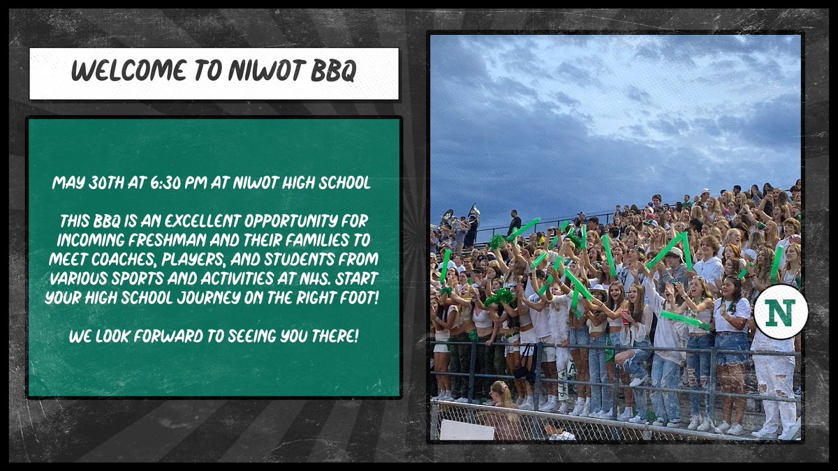 Niwot Athletics (@niwotathletics) on Twitter photo Welcome to Niwot BBQ! This event is for incoming freshmen and their families who are interested in participating in sports and/or activities at NHS. <a href="/NiwotHS/">Niwot High School</a> <a href="/goSVVSD/">Chase McBride</a> <a href="/NiwotBoosters/">Niwot HS Boosters</a> #StVrainStorm Welcome to Niwot BBQ! This event is for incoming freshmen and their families who are interested in participating in sports and/or activities at NHS. <a href="/NiwotHS/">Niwot High School</a> <a href="/goSVVSD/">Chase McBride</a> <a href="/NiwotBoosters/">Niwot HS Boosters</a> #StVrainStorm