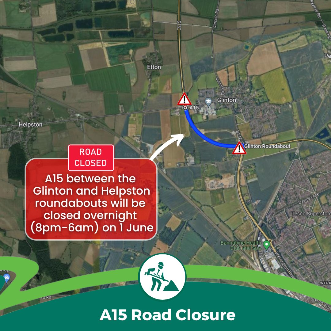 There will be an overnight road closure to carry out carriageway surface improvements: 🚧 A15 between Glinton and Helpston roundabouts 📅 1 June 🕗 8pm-6am