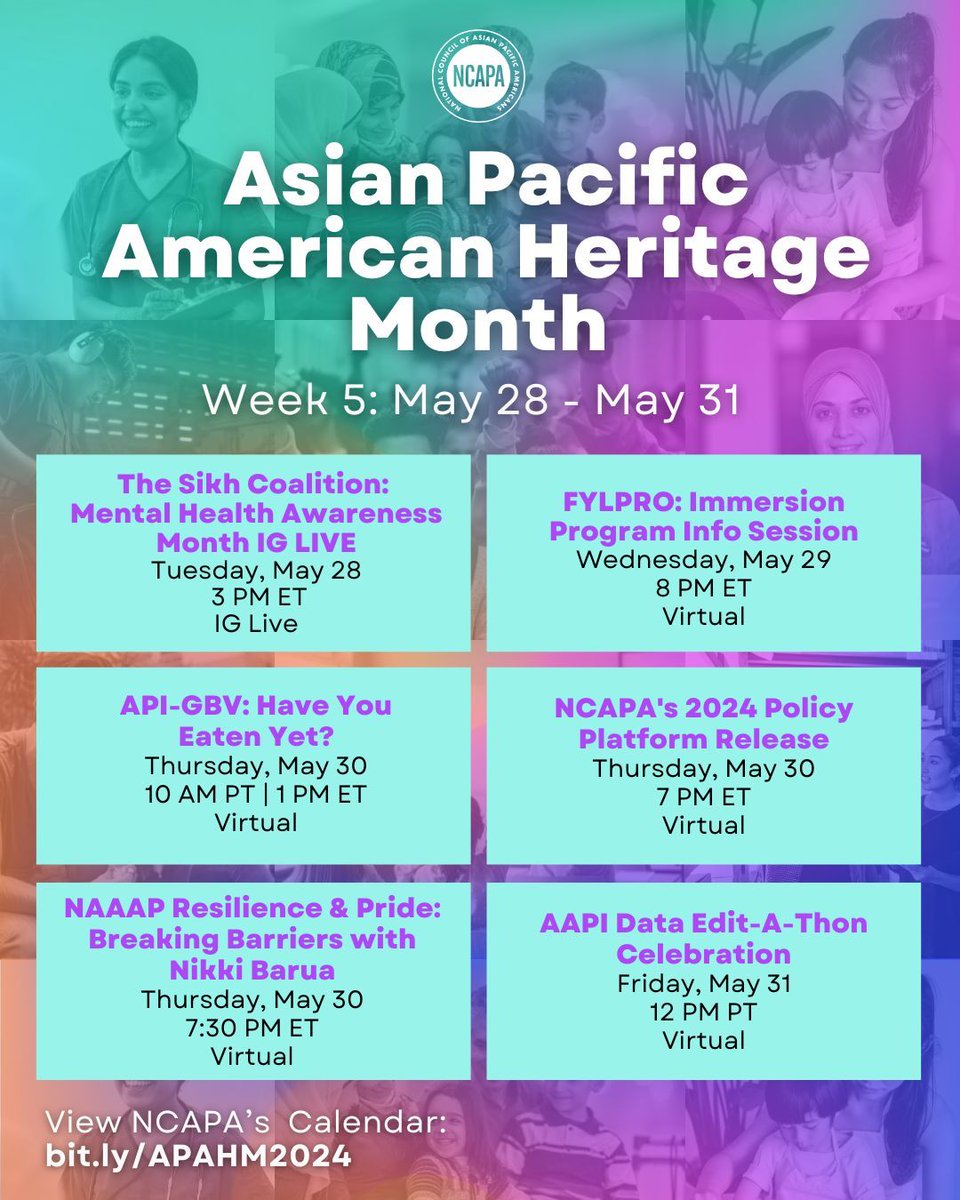 Final stretch of APAHM! 🤩 Check out how our members are ending #APAHM24 by joining their events.

#20YearsOfAdvocacy #AAPIHeritageMonth #AANHPIHM #AAPIHeritageMonth

Learn more on our calendar: buff.ly/4aVS7Ec