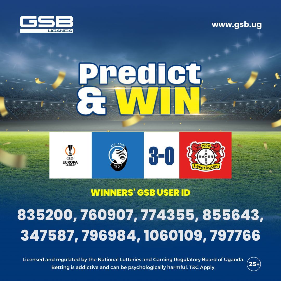 𝐏𝐑𝐄𝐃𝐈𝐂𝐓 & 𝐖𝐈𝐍. ✅ These are the winners that Closely predicted the Europa League Final 🏆. The Punter has won 10,000 UGX in Free Bets. Better luck next time to those who didn't predict correctly, Let's do it again on Saturday. #GSBUganda #SportsBetting #PredictAndWin