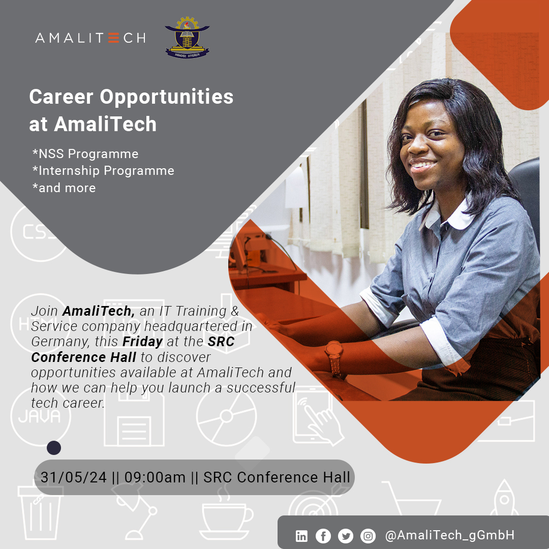 We’re excited to visit @KNUST on May 29th and @KSTU on May 31st! 

Join us for career opportunities at AmaliTech and an exclusive workshop to gain industry insights.

Let's inspire and mentor future tech leaders together! 
#WorkwithAmaliTech #KumasiTechnicalUniversity