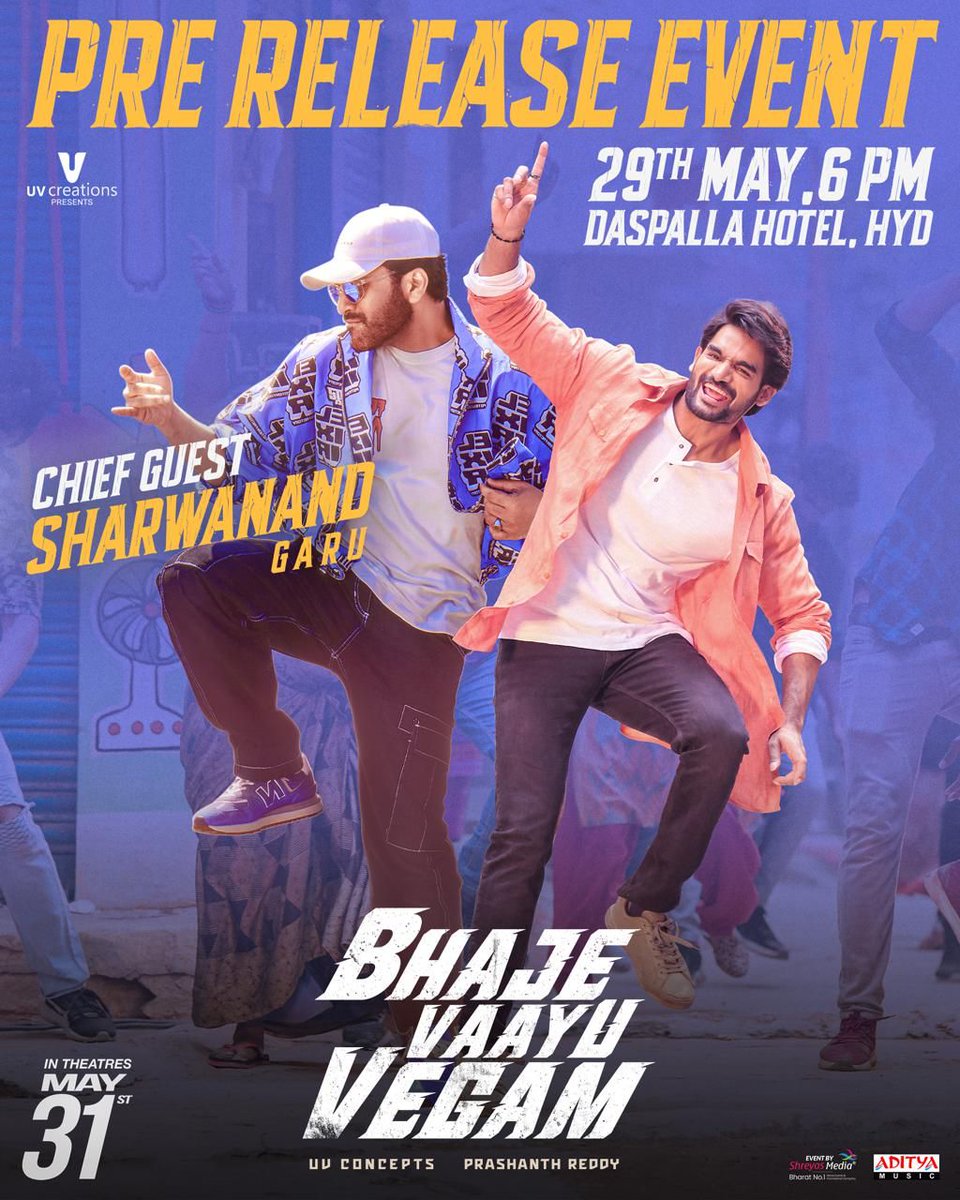 Our RAJA @IamSharwanand for #BhajeVaayuVegam 𝐆𝐫𝐚𝐧𝐝 𝐏𝐫𝐞 𝐑𝐞𝐥𝐞𝐚𝐬𝐞 𝐄𝐯𝐞𝐧𝐭 tomorrow at Hotel Daspalla from 6 PM onwards Grand Release Worldwide on May 31st #BVVonMay31st @ActorKartikeya @Ishmenon