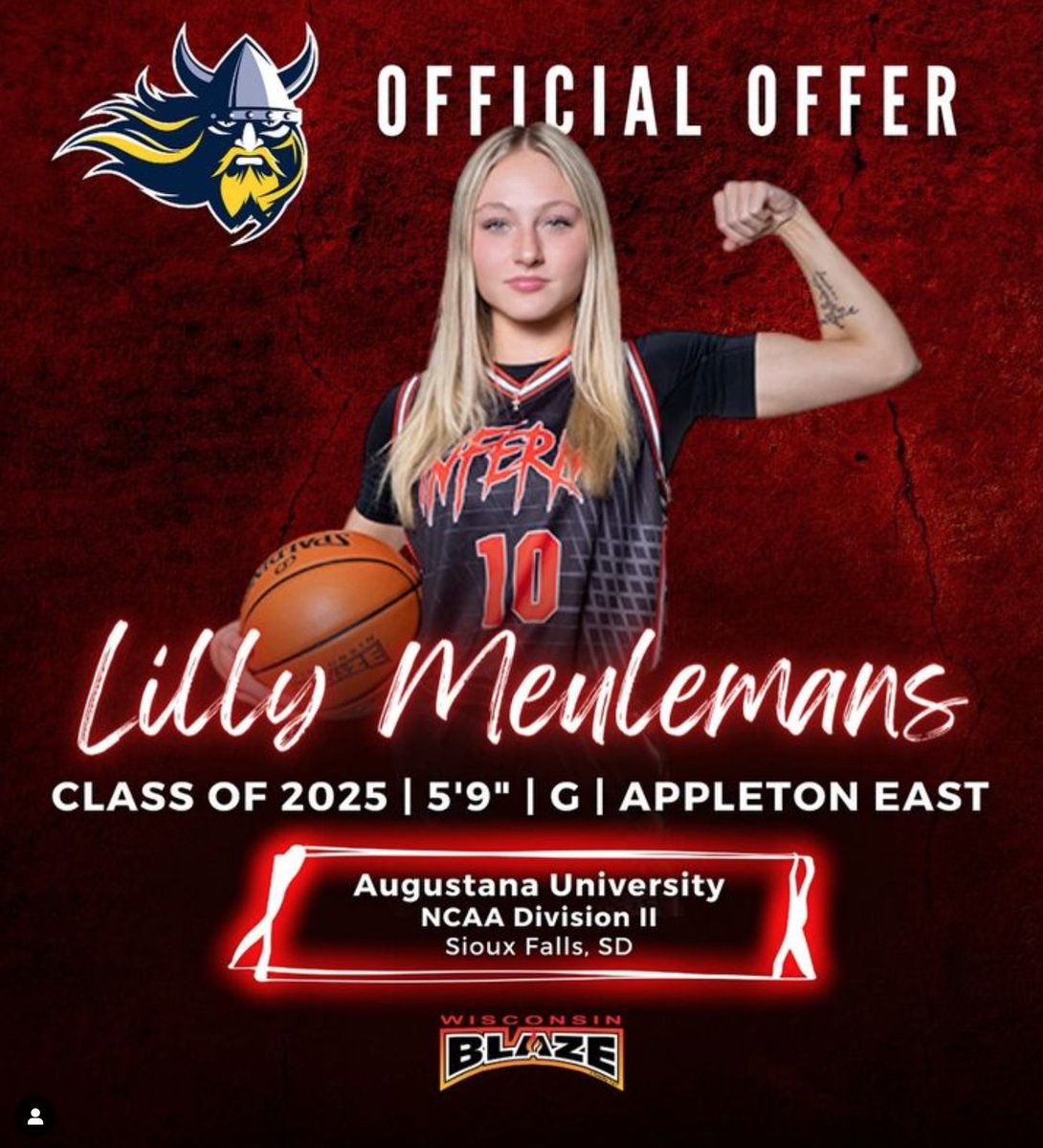 Congratulations to Lilly Meulemans (Class of 2025 | Appleton East | 5’9” G) on receiving an offer to continue her athletic career at NCAA DII Augustana University! Thank you to all of the staff and coaches at Augustana! @augiewbb #BeTheFlame🔥🏀