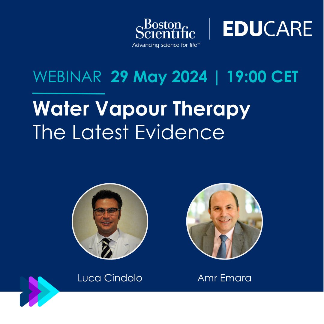 Interested in learning about Water Vapour Therapy? Tune in tomorrow for our #EDUCARE webinar featuring Dr @lucacindolo and Dr Amr Emara. They’ll be sharing the the latest evidence and discussing how to optimise the outcomes. Registernow: bit.ly/3V1ebGt #BPH #BSCEMEA