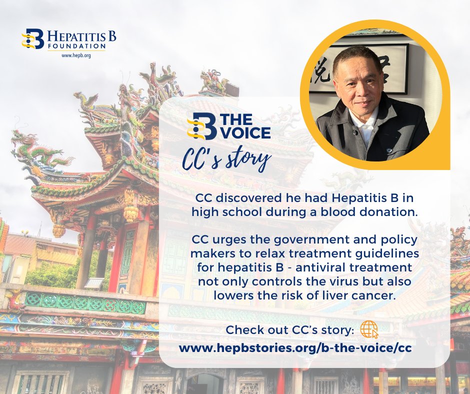 CC discovered he had hepatitis B during a blood donation 🩸. His #hepB was due to mother-to-child vertical transmission. CC wasn't able to get immediate antiviral treatment at a local hospital due to policy restriction. CC’s story: 👉 hepbstories.org/b-the-voice/cc