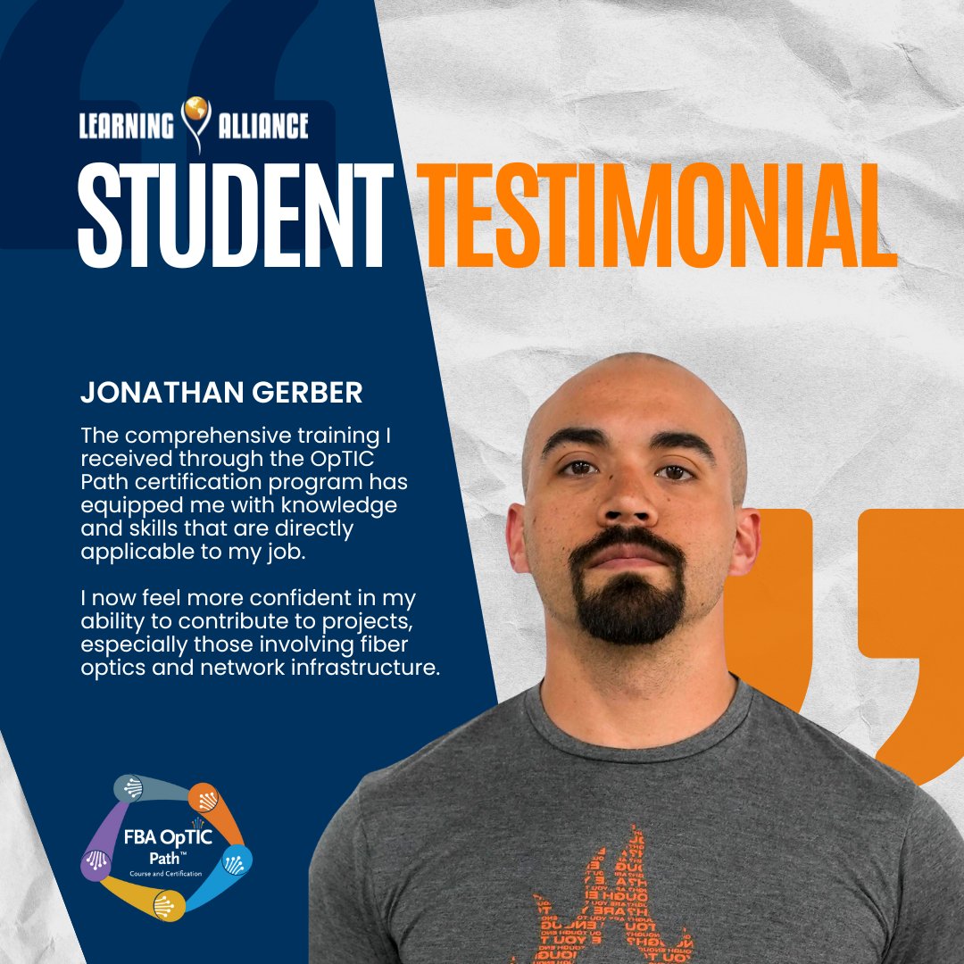 Know our student's experiences with the OpTIC Path certification from FBA! Jonathan Gerber commented, 'I now feel more confident in my ability to contribute to projects...' #ShapingFutures #LACinspires #TowerTechnicians #TelecomCertification #BroadbandTraining #FBAOpTICPath