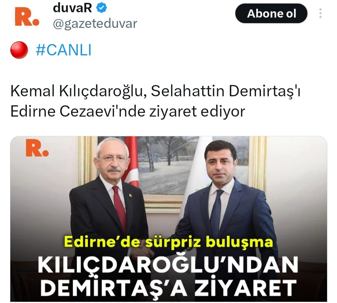 Sayın Kemal Kılıçdaroğlu'nun, Sayın Selahattin Demirtaş'ı ziyaret etmesi elbette önemli bir olay. Ancak keşke bu ziyareti Genel Başkan olduğu dönemde yapsaydı. Veya Adalet Yürüyüşü'nü Edirne'de bitirseydi.