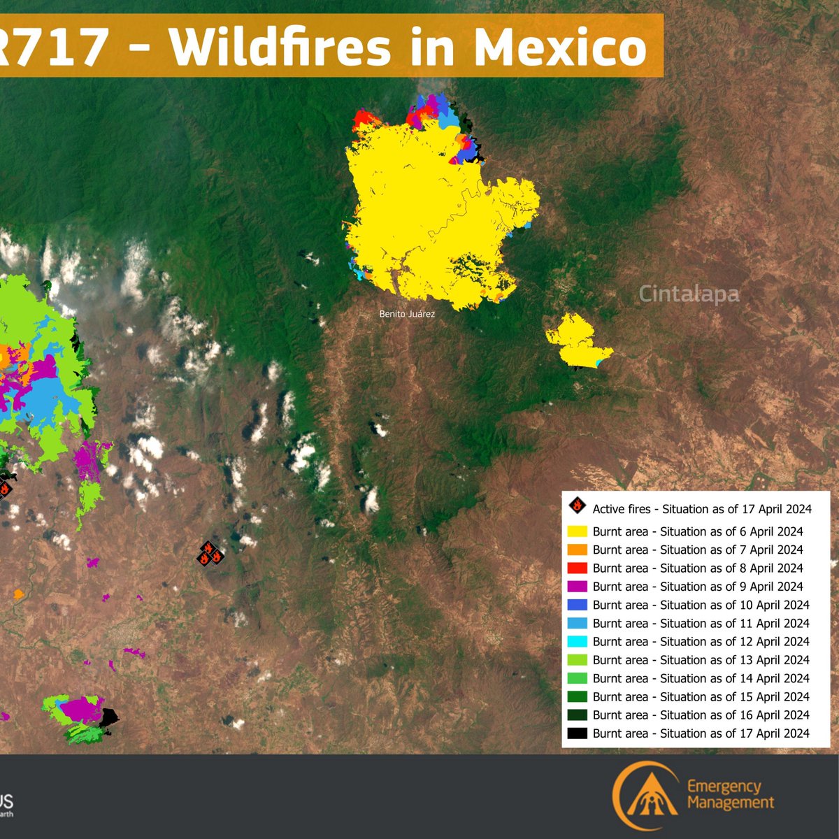 Wildfires rage across Central America, threatening health, livelihoods, and the environment. @CopernicusEMS, part of the EU Space Programme, aids with rapid mapping for damage assessment in Guatemala (EMSR727), Belize (EMSR726), and Mexico (EMSR717). acortar.link/9q4N0o