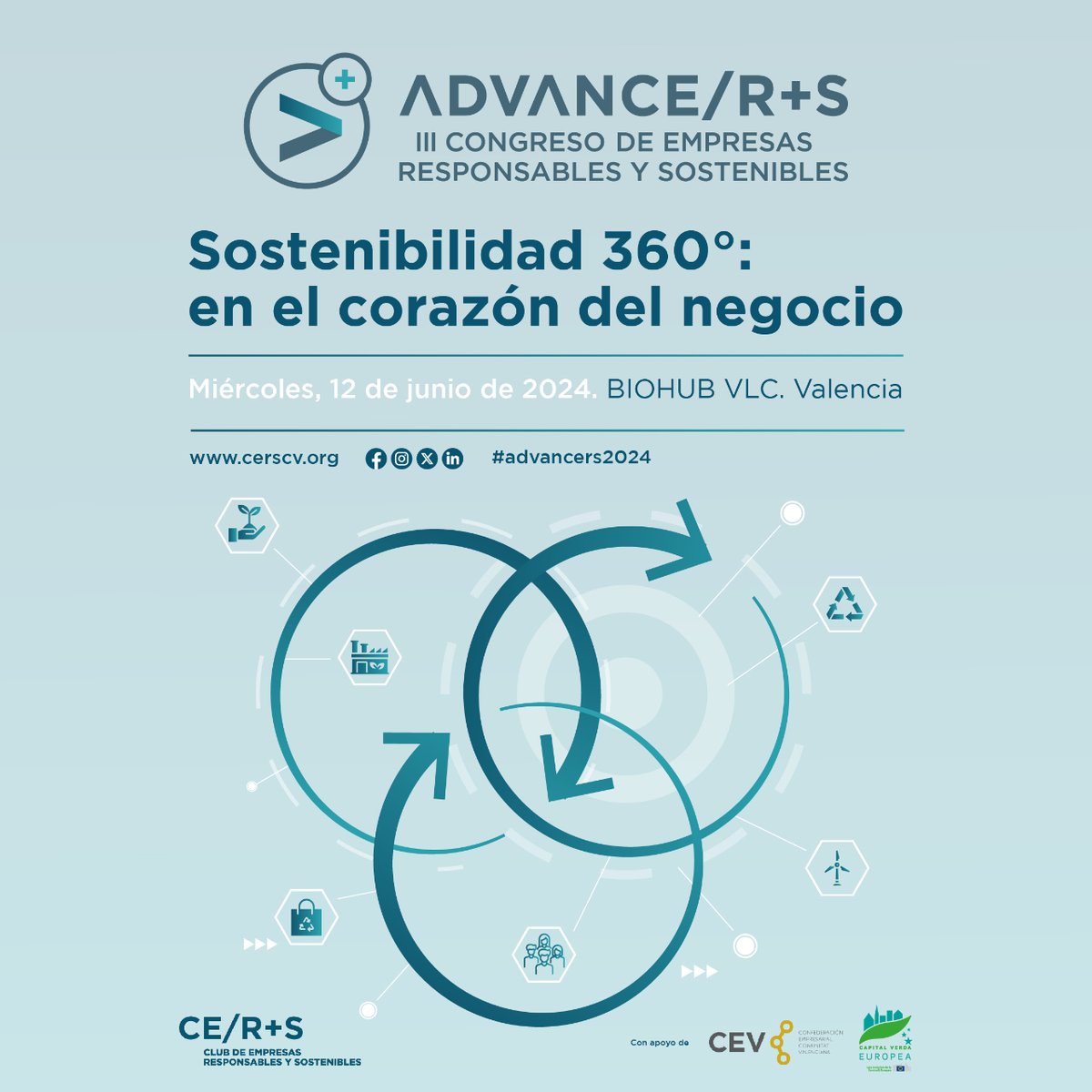 🙌¡Llega #advancers2024! 
Como patrocinadores del III Congreso de #EmpresasResponsablesYSostenibles de la C. Valenciana te animamos a formar parte de esta jornada titulada 'Sostenibilidad 360º: en el corazón del negocio'
💚.
📍12/6 en @BiohubVLC 
¡Únete 🔗cerscv.org/congreso2024/i…