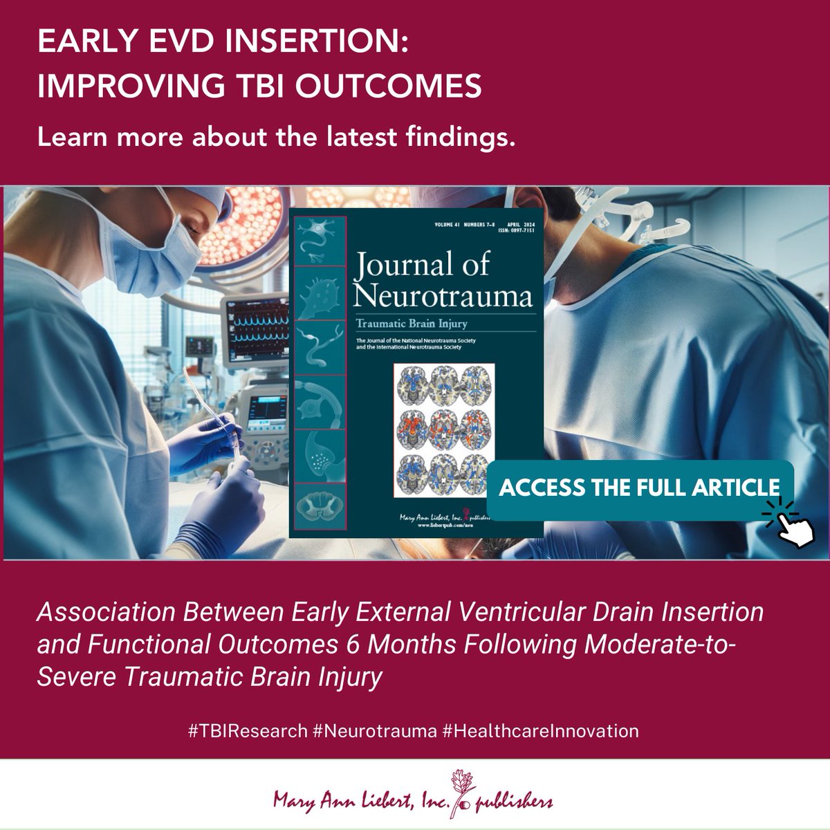 Mary Ann Liebert Inc (@liebertpub) on Twitter photo 📢 New study in <a href="/J_Neurotrauma/">Journal of Neurotrauma</a>: Early EVD insertion (<24 hrs) improves outcomes for severe TBI patients. Late insertion linked to higher death/disability risks. Dr. Alex Valadka, MD, emphasizes its potential.
Read more: ow.ly/2IoM50RYp45
#TBIResearch #Neurotrauma 📢 New study in <a href="/J_Neurotrauma/">Journal of Neurotrauma</a>: Early EVD insertion (<24 hrs) improves outcomes for severe TBI patients. Late insertion linked to higher death/disability risks. Dr. Alex Valadka, MD, emphasizes its potential.
Read more: ow.ly/2IoM50RYp45
#TBIResearch #Neurotrauma
