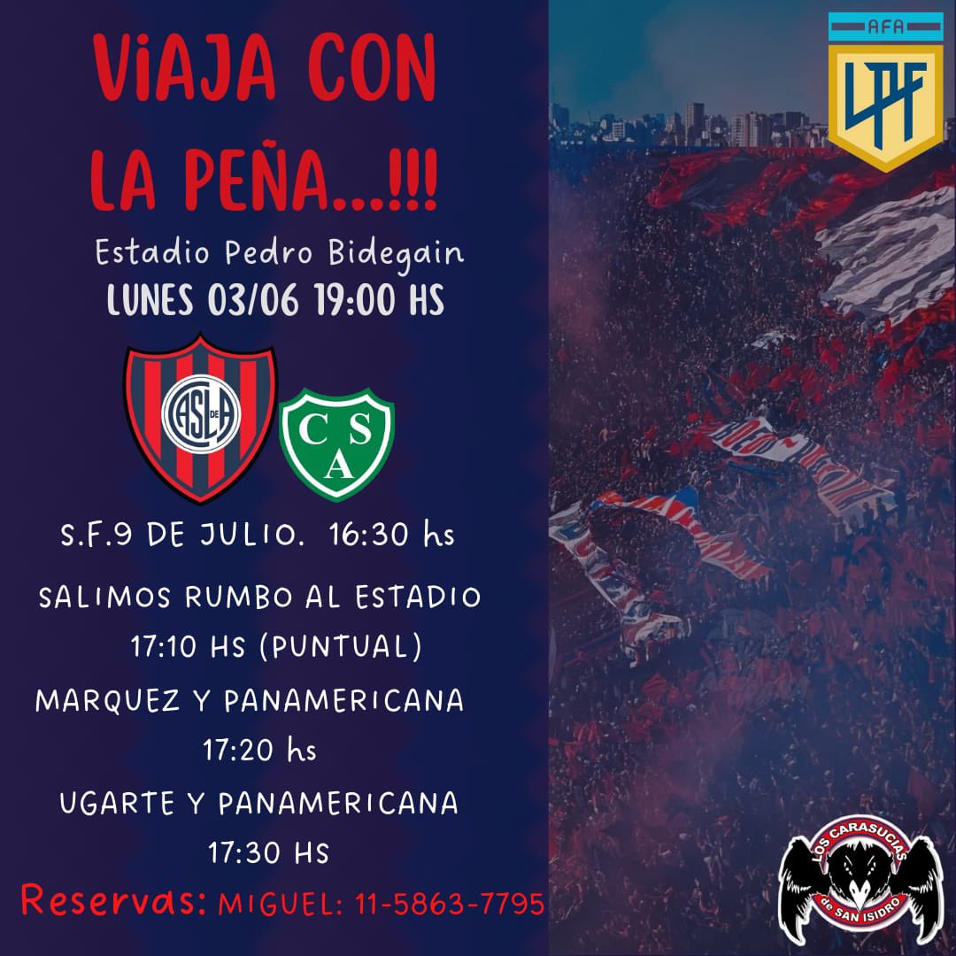 SIEMPRE VOY A ESTAR, NUNCA TE VOY A DEJAR 🐦‍⬛💙❤️

⚽️ SAN LORENZO VS SARMIENTO ⚽️

📆 LUNES 03/06 | ⏰ 19:00hs

💰VALOR DEL VIAJE

CON RESERVA $3300.-
SIN RESERVA $3500.-