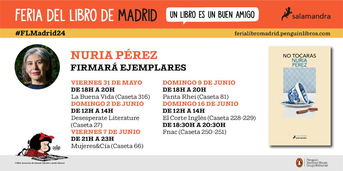 📣 Y apuntaos muy bien estas fechas y estas casetas, porque Nuria Pérez firmará su novela 'No tocarás' (📚👉 bit.ly/3WY7zeT) en la Feria del Libro de Madrid todos los fines de semana. Una historia que, desde su publicación, está dando mucho que hablar ❤️ #NoTocarás