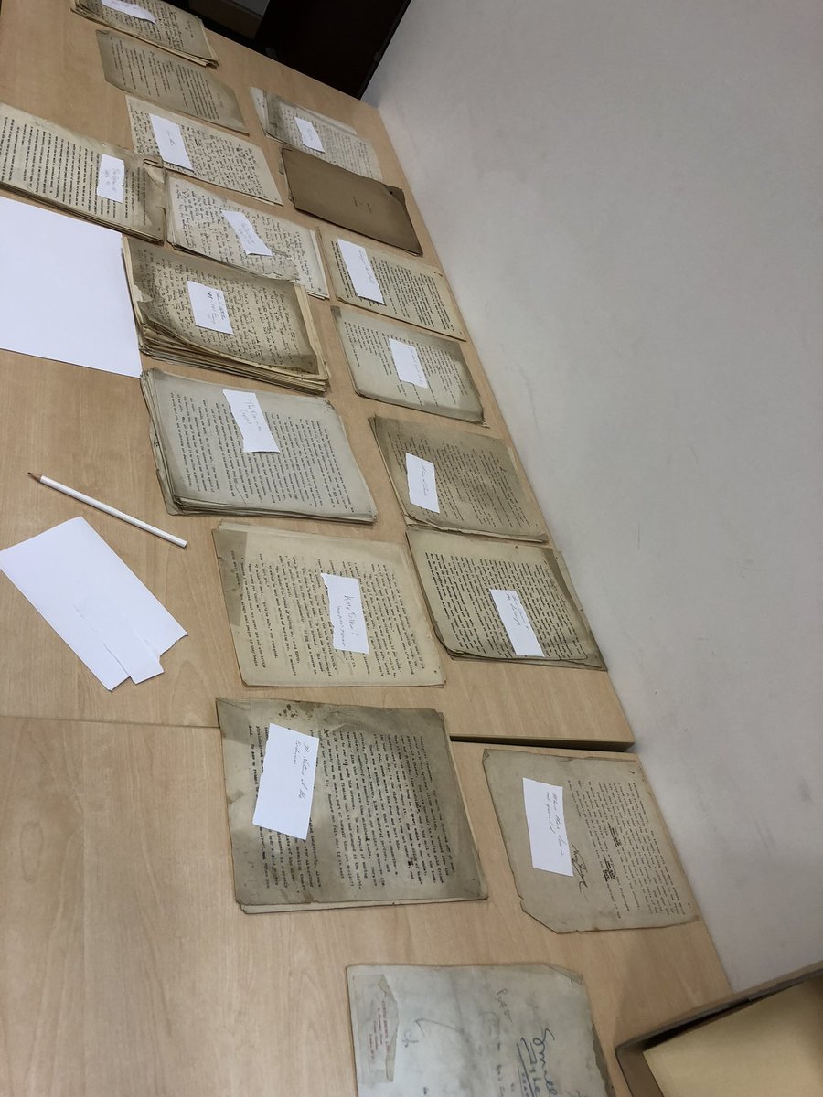 The May Sinclair editorial team are at The Keep and we are finally doing something about the ‘unsorted’ chaos of her papers (they arrived all out of order, and nibbled by mice, and, and). We’re literally spreading them out on a table and matching up odd pages. @MaySinclairSoc