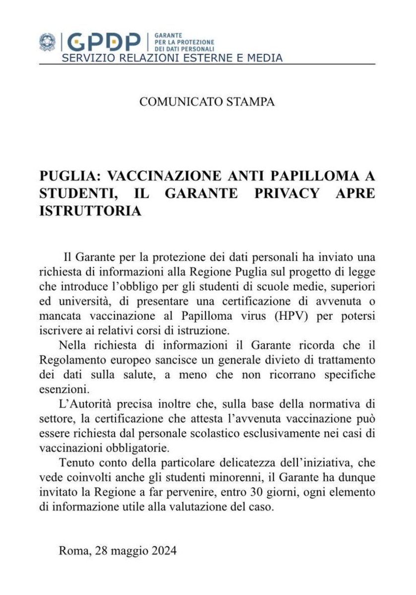 Vedo che @GPDP_IT ha immediatamente colto la gravità di quanto previsto dalla regione Puglia in merito all'assurdo certificato di 'dissenso informato' alla vaccinazione. Benissimo. Confido in veloce istruttoria e ripristino della legalità.