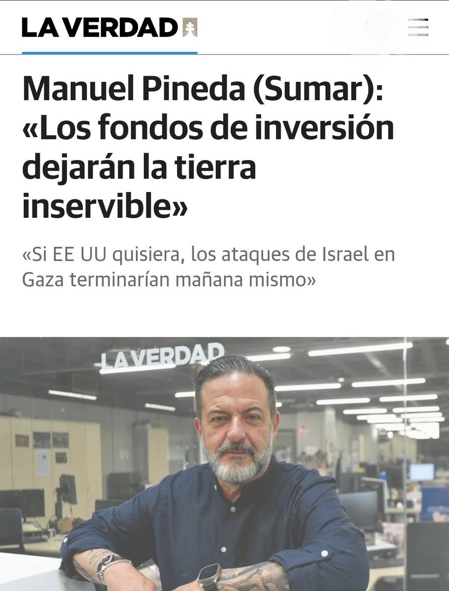 🗣 «Los fondos de inversión dejarán la tierra inservible»
🇵🇸 «Si EE UU quisiera, los ataques de Israel en Gaza terminarían mañana mismo»

🔻 <a href="/ManuPineda/">Manu Pineda 𓂆 🔻</a>, candidato de <a href="/IzquierdaUnida/">Izquierda Unida🔻🇵🇸</a>
por <a href="/sumar/">Sumar</a> en las #Europeas2024, hoy en <a href="/laverdad_es/">laverdad_es</a>.

🗞laverdad.es/elecciones/eur…
