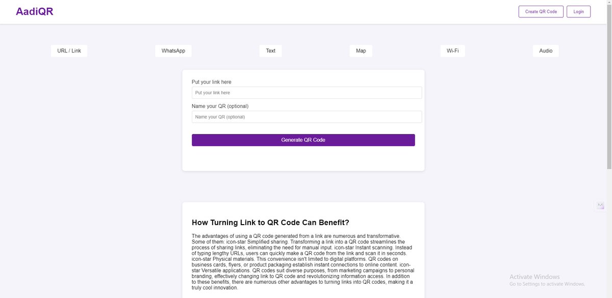 code_lerner's tweet image. QR code generator. Effortlessly create, share, and track QR codes for all your needs. Experience the future of tech, simplified. #QRCode #TechSimplified #reactjs 
deploy link - qr-code-generator-sable-psi.vercel.app
github link - github.com/aadi6190/qr-co…