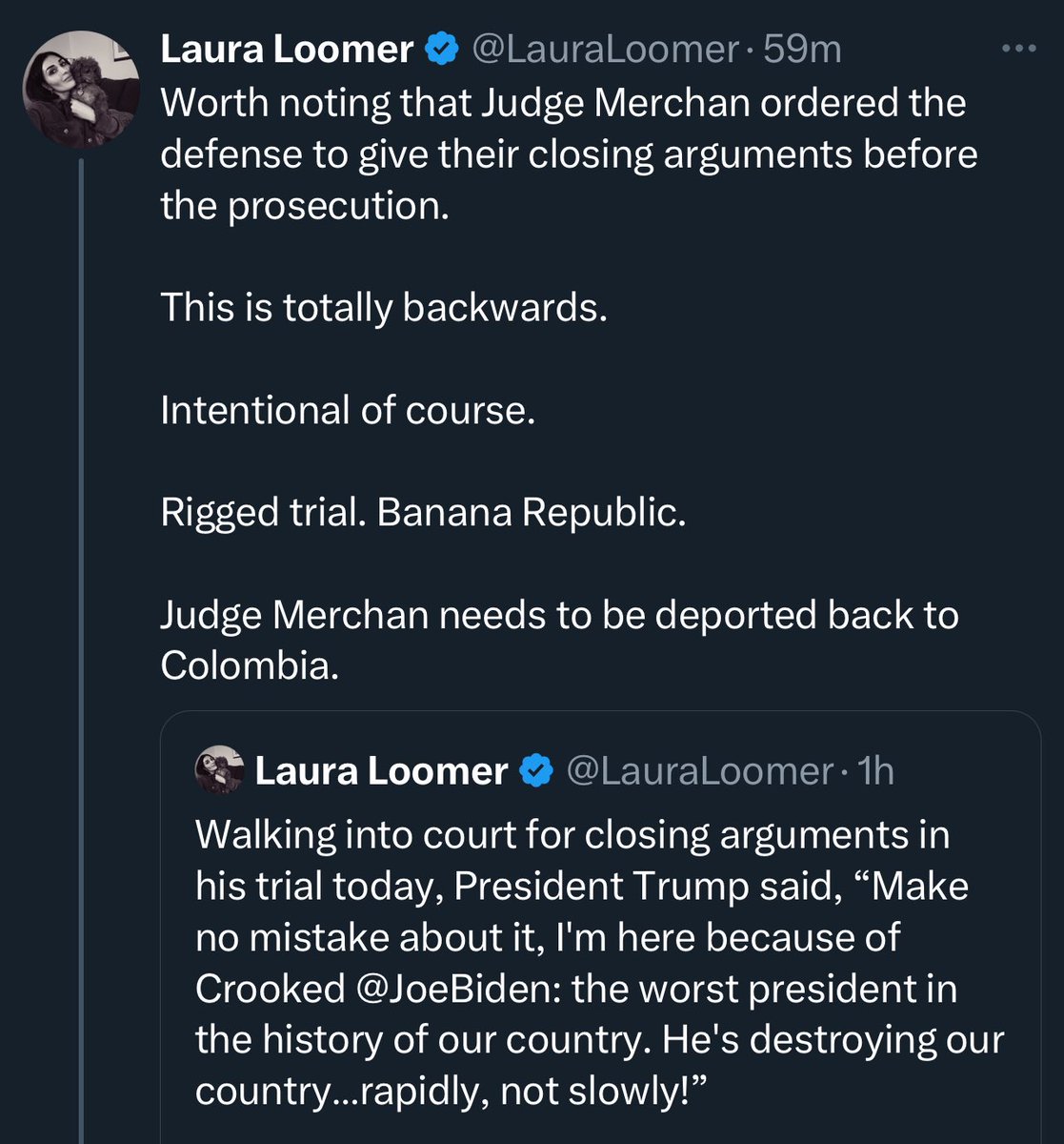 This is actually normal. The order of closing arguments, I mean. Nothing about Loomer is normal.