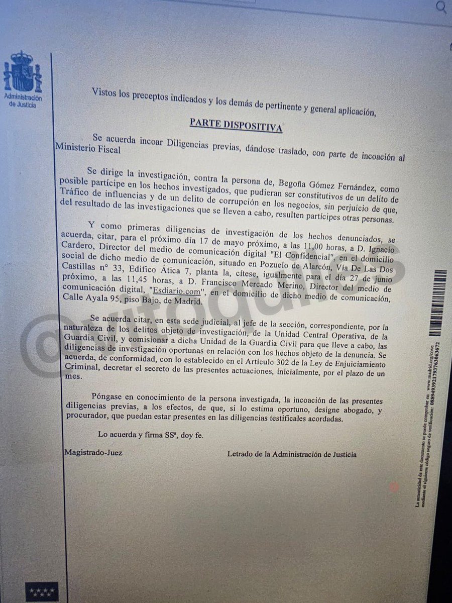 #EXCLUSIVA | El auto de imputación de la mujer de Pedro Sánchez, Begoña Gómez, mencionado en el sumario.

La mujer del presidente lleva procesada por corrupción desde que se inició el caso al apreciar el juez que había cometido presuntos delitos.