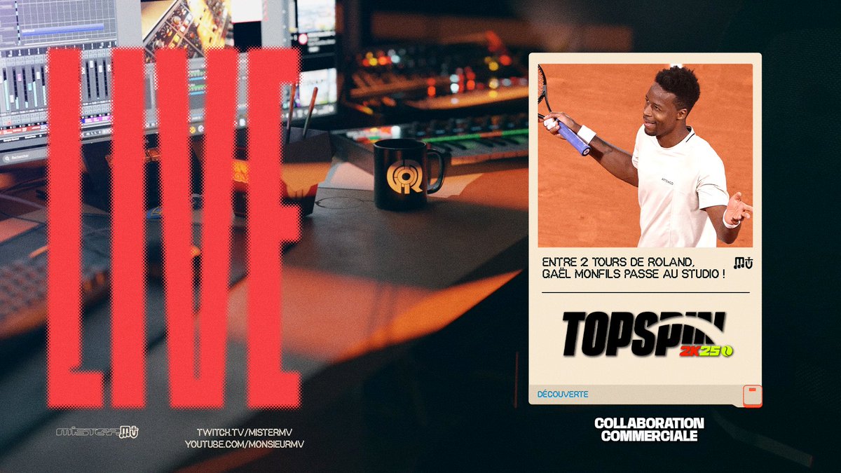 LIVE 🔴
#TopSpin2k25 avec <a href="/Gael_Monfils/">Gael Monfils</a> / 4 collectors à gagner (collaboration commerciale) + annonce spéciale vers 19h+ !

Sur Twitch &amp; YouTube