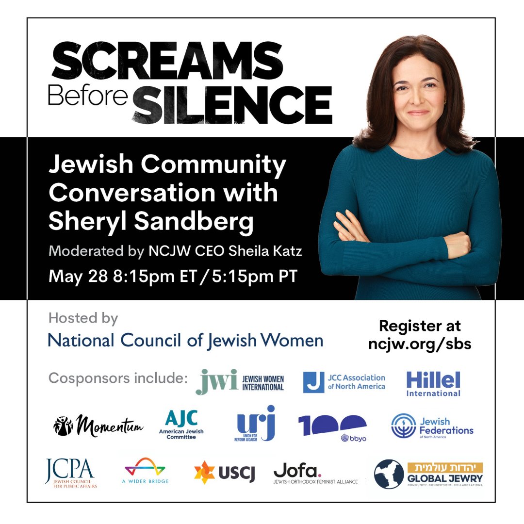 HAPPENING TONIGHT

Join us for our Jewish Community Conversation about the film #ScreamsBeforeSilence. @SherylSandberg, the film’s leader, & @SheilaKatz1, CEO of NCJW, will discuss the importance of bearing witness & demanding justice.

Register here: ncjw.org/events/jewish-…