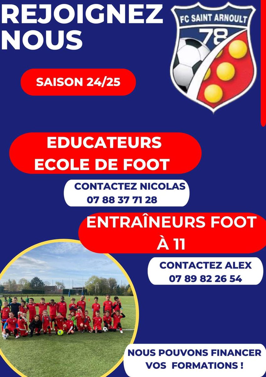 fcsa78's tweet photo. 🙌🚨 Le FCSA78 cherche à compléter son équipe d'éducateurs pour la saison 2024-2025 : Parents, éducateurs formés, jeunes ayant envie d'aider...Tout le monde est le bienvenue pour former le groupe et participer à notre mission : aider les joueurs à progresser et prendre du plaisir https://t.co/FFpqMeNkW1