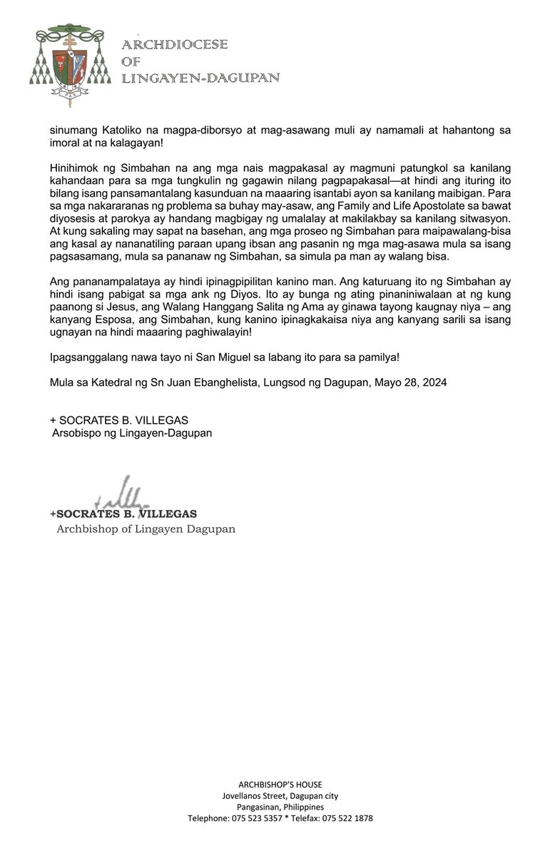 Ito'y malalim na hiwaga, at sinasabi ko na ito'y tumutukoy sa kaugnayan ni Kristo sa Simbahan (Efeso 5, 32)
LIHAM-PASTORAL LABAN SA DIVORCE BILL