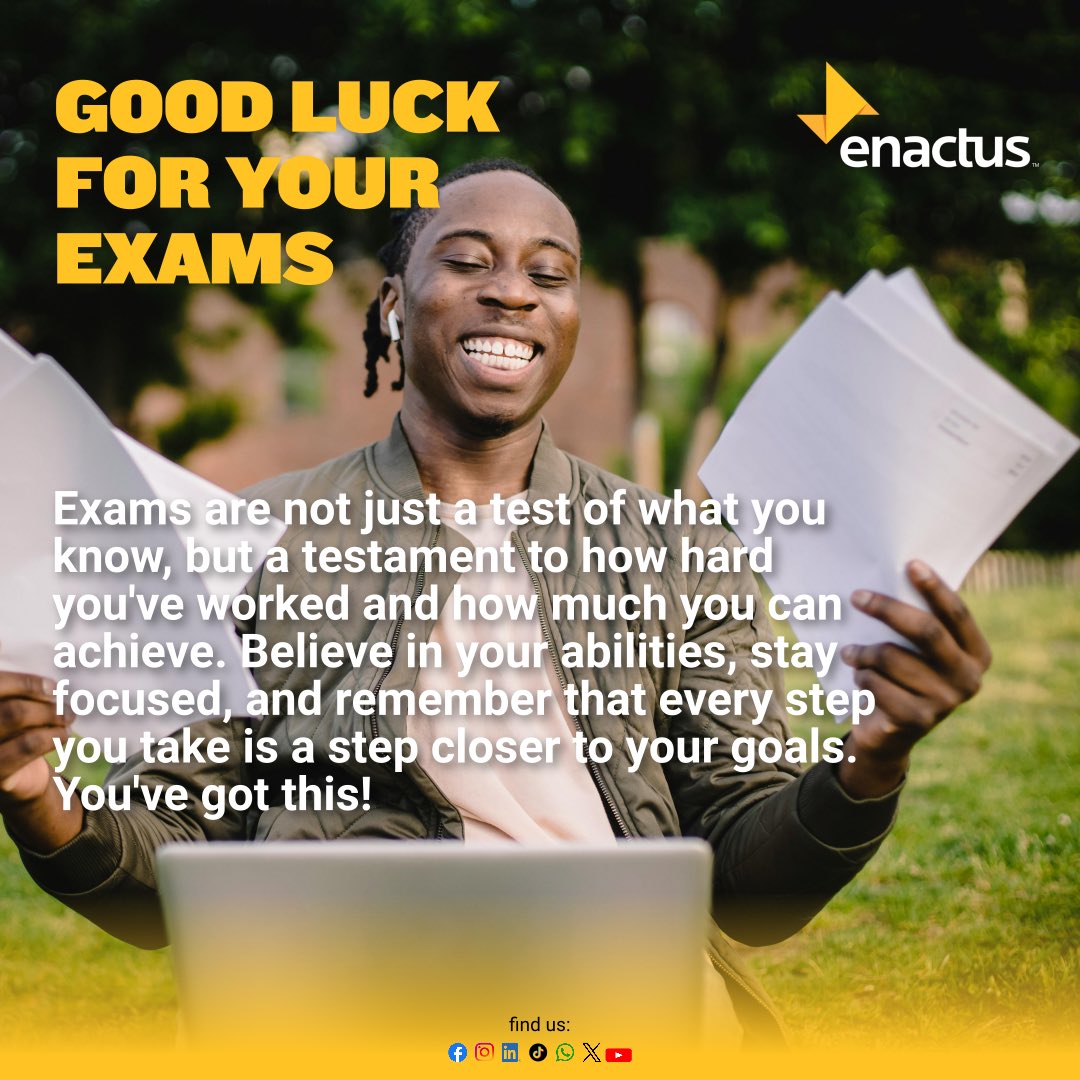 Believe in your abilities and trust your hard work. Exams are just stepping stones to your success. Good luck, you've got this! 💪📚 #ExamSeason #Thrive #WeAllWin #ChangeMakers #EnactusZA