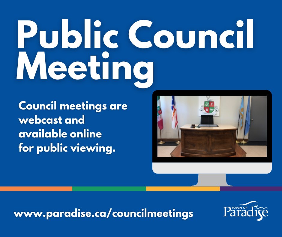 The regular Public Council Meeting is going ahead this evening, Tuesday, May 28, 2024.

It starts at 6 p.m. and can be viewed live online at: 
paradise.ca/councilmeetings

➡️ Full Agenda: bit.ly/05282024Counci…